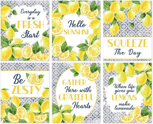 HLNIUC Lemon signs Art Prints, Inspirational Blue Pattern Yellow Lemon Pictures Set Of 6(8”X10”, Unframed), Fruit Botanical Poster Green Leaf Modern Wall Art For Bed Room Living Room Kitchen Decor