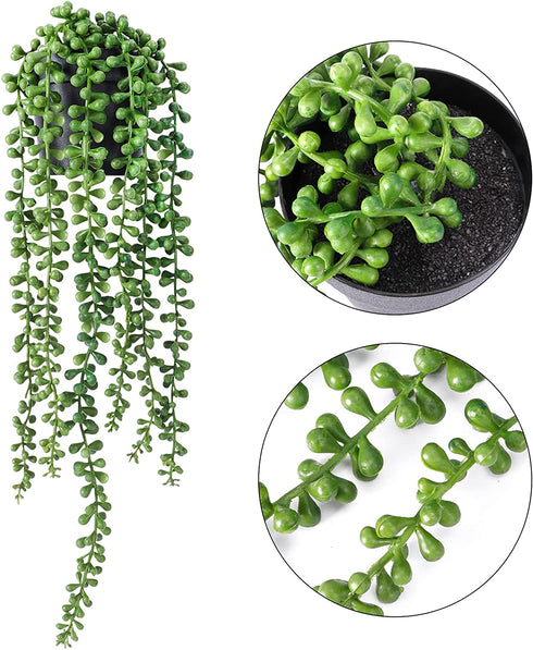 FUNARTY 2pcs Fake Hanging Plants, Artificial Succulent Plants String of Pearls with Planter, Faux Plants for Wall Home Garden Decor