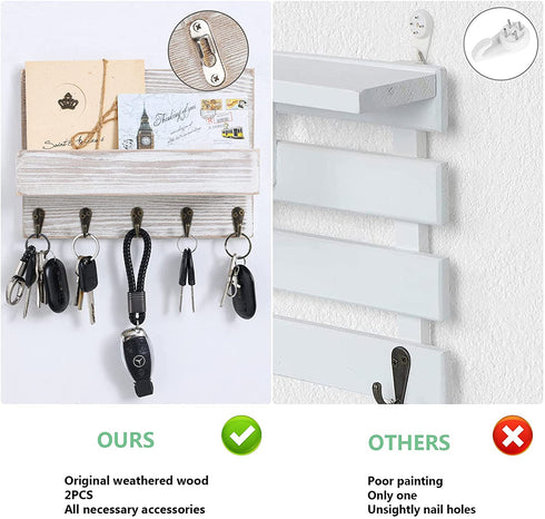 2 Pack Decorative Key and Mail Holder for Wall, Key Hanger for Wall with Shelf Wooden Wall Shelf with 5 Hooks Stylish Wall Mounted Key Holder for Entryway Kitchen Farmhouse