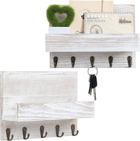 2 Pack Decorative Key and Mail Holder for Wall, Key Hanger for Wall with Shelf Wooden Wall Shelf with 5 Hooks Stylish Wall Mounted Key Holder for Entryway Kitchen Farmhouse