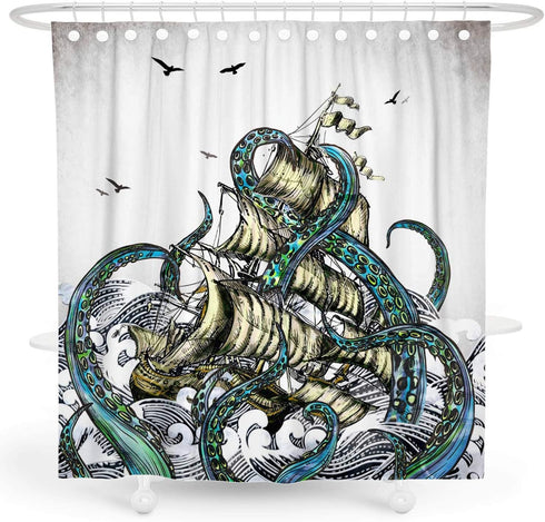 DESIHOM Kraken Octopus Shower Curtain Anime Nautical Shower Curtain Cool Ocean Sailboat Shower Curtain Polyester 72x72 Inch