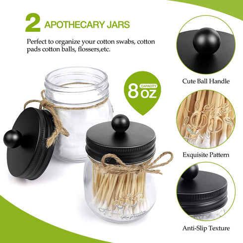4pcs Rustic Mason Jar Bathroom Accessories Set- Liquid Soap Pump Dispenser and 2 Small Apothecary Storage Glass Jars&Toothbrush Stand Holder for Bathroom, Farmhouse Home Decor, Kitchen Sink (Black)