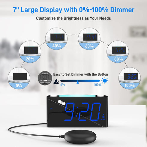 Loud Alarm Clock for Heavy Sleepers Hearing Impaired Adults, Vibrating Bed Shaker Alarm Clock with 2 USB Chargers,7 Color Night Light, 0-100% Dimmer & Battery Backup, Digital Clock for Teens Kids