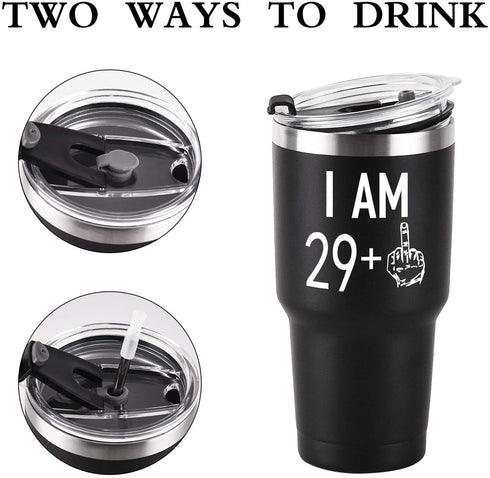 29 Plus One Middle Finger Mug Tumbler for Men Women, Funny Turning 30 Years Old Bday Tumbler Idea for Wife Friends Sister Coworker, 30 Oz Stainless Steel Insulated Travel Tumbler, Black