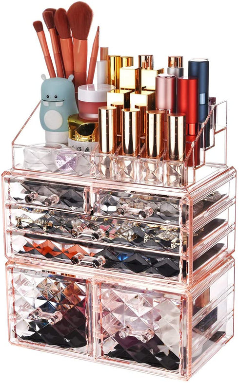 ZHIAI Makeup Organizer Acrylic Cosmetic Storage Drawers and Jewelry Display Box Transparent (Style A(Pink Diamond): 1 Top, 2 Small, 2 Large, 2 Square Drawers)