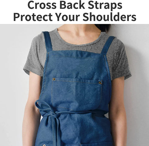 Beritle Denim Apron With Pockets, Cotton Kitchen Aprons, Cross Back Work Aprons For Shop, Hairstylist, BBQ Jean Apron