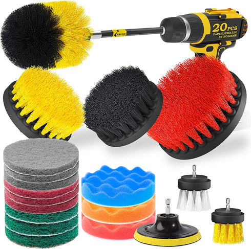 Holikme 20Piece Drill Brush Attachments Set, Scrub Pads & Sponge, Buffing Pads, Power Scrubber Brush with Extend Long Attachment, Car Polishing Pad Kit