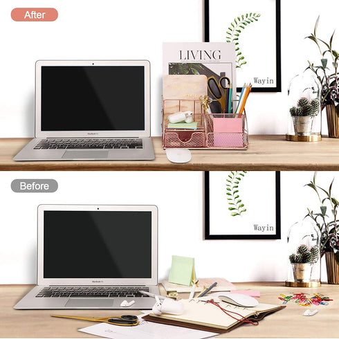 Rose Gold Desk Organizer for Women - Wayin Upgraded Mesh Office Supplies Desk Accessories with 6 Compartments + Sliding Drawer and 50 Paper Clips & 9 Binder Clips for for Home School Office Desktop