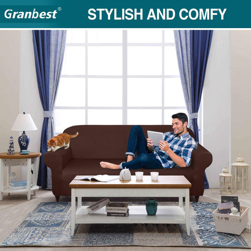 Granbest Thick Sofa Covers for 3 Cushion Couch Stylish Pattern Couch Covers for Sofa Stretch Jacquard Sofa Slipcover for Living Room Dog Pet Furniture Protector (Large, Chocolate)
