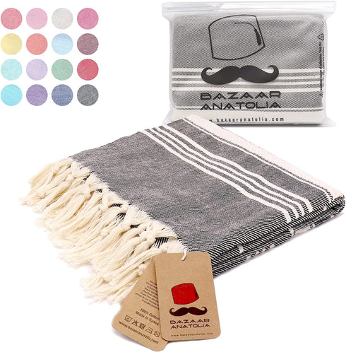 Bazaar Anatolia Stripe Turkish Beach Towel 100% Cotton Oversized 75x38 Large Boho Bath Towels Bathroom Sheets Gym Pool Quick Dry Sand Free (Black)