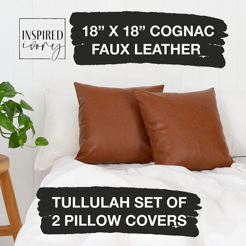 INSPIRED IVORY 18 x 18? Faux Leather Throw Pillow Covers - Set of 2 in Brown Tan - Strong Zippers, Double-Stitched, Vegan - Suits Cognac, Farmhouse, Modern - Tullulah Collection Decorative Cases