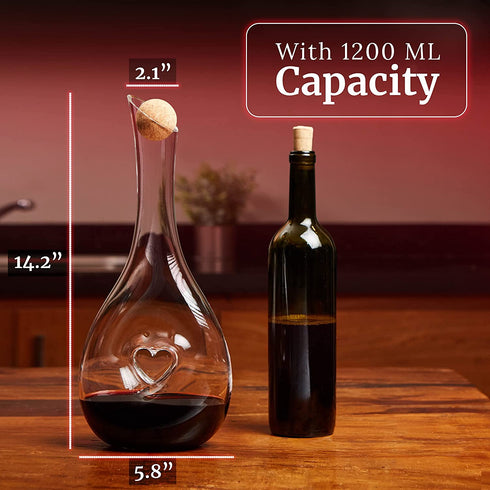 Finest Amore Wine Decanter - 1200ml Heart Shaped Red Wine Carafe with Stopper - Hand Blown Lead-free Crystal Glass, Wine Gift, Wine Accessories
