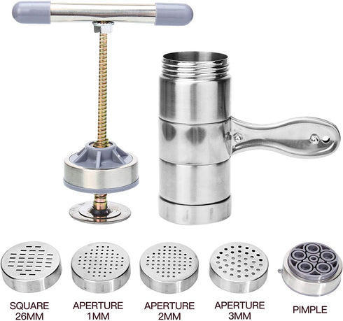 Manual Noodle Pasta Maker Spaghetti Kitchen Tool Stainless Steel Press Machine Press Machine Pasta Maker with 5 Noodle Mould Fruit Juicer Squeezer (18.5x14cm)