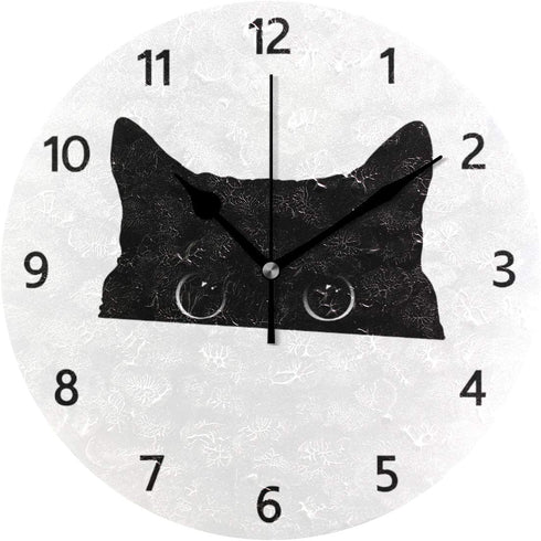 MERRYSUGAR Black Cat White Wall Clock Silent Non Ticking Digital Round Clock Desk Clock for Home Kitchen Office School Home Decor 9 Inch