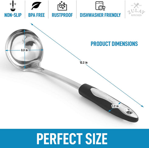 Zulay (12 inch) Stainless Steel Soup Ladle - Durable Rust Proof Soup Ladle With Ergonomic Handle - Soup Serving Spoon Ladles For Cooking, Gravy, Sauces, and More