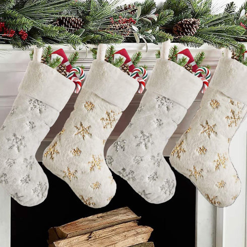 SherryDC Faux Fur Snowflake White Christmas Stockings Set of 2 Fireplace Xmas Decoration Holder (Silver + Gold)
