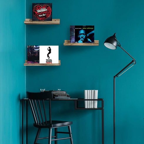Vinyl Record Display Shelf Wall Mounted, Set of 3 Rustic Wood Album Record Holder, Record Frame Ledge Lp Albums Holder Storage Wall Mount, Modern Record Shelf with Wide Groove for Home and Office