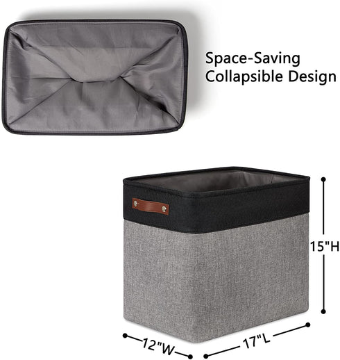 DULLEMELO Large Collapsible Storage Basket/Bin with Durable Leather Handles, Fabric Organizer Bin for Storage Clothes, Toys, Books, Office, Bedroom, Closet, Nursery & Laundry (Black&Gray)