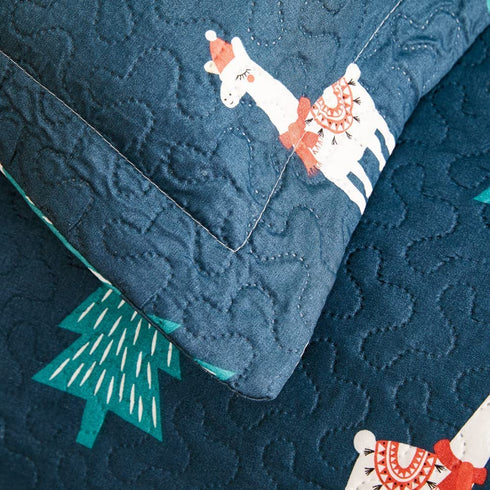 Kids Quilt Set Full/Queen Size, Blue 3 Piece Alpaca Pine Tree Bedcover Animal Cartoon Printed Bedding Set Reversible Bedspread Coverlet Holiday Bedroom Decor Gift for Boys All Season(90"X 90")