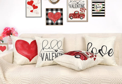 4TH Emotion Valentines Day Pillow Covers 18x18 Set of 4 Hello Valentine Spring Farmhouse Decor Red Love Truck Holiday Decorations Throw Cushion Case for Home Decorations TH076