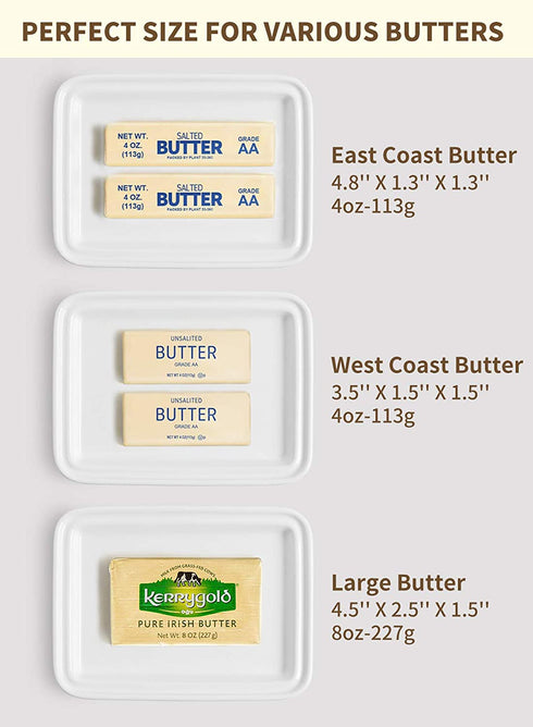Better Butter Porcelain Butter Dish with Lid - Large Butter Holder for 8oz European Butter and 2 Sticks of East West Coast Butter, White