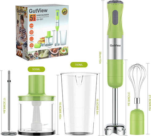 GutView Immersion Hand Blender 1000Watt, 5in1 Hand Mixer Set, Powerful Smart Stick Blender Stainless Steel Shaft and Blades, with 700ml Mixing Beaker, Milk Frother, 500ml Chopper, Egg Whisk