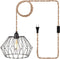 Farmhouse Black Plug in Metal Pendant Light - Industrial 15 Ft Hanging Lamp Kit Hemp Rope Light Cord Metal Cage Deformable Lampshade Lighting Fixtures with for Living Room Bedroom Loft DIY Decor