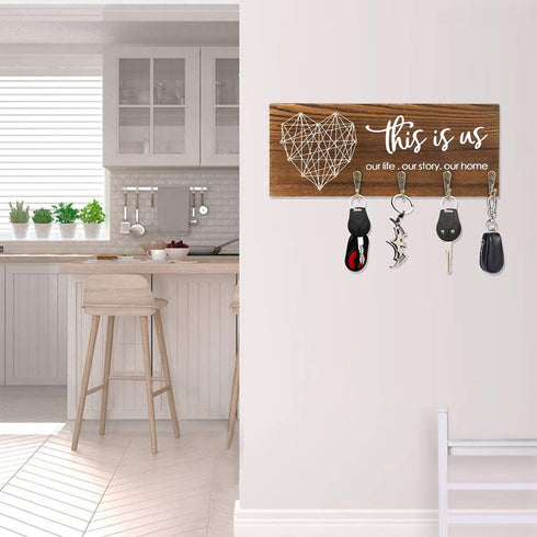FREEDHIN Key Holder for Wall with 4 Hooks, Rustic Home Decor Key Hanger for Wall, Wall Mount Wooden Key Holder for Entryway or Mudroom (Brown)