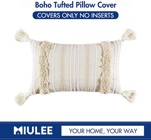 MIULEE Decorative Throw Pillow Cover Tribal Boho Woven Tufted Pillowcase with Tassels Super Soft Pillow Sham Cushion Case for Sofa Couch Bedroom Car Living Room 12X20 Inch Cream White