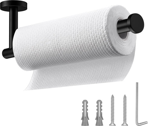 Matte Black Paper Towel Holder,Under Kitchen Cabinet Towel Paper Rack,Wall Mounted Round SUS304 Stainless Steel Dispenser for Bathroom Kitchen Tissue Towel Roll,11 inch