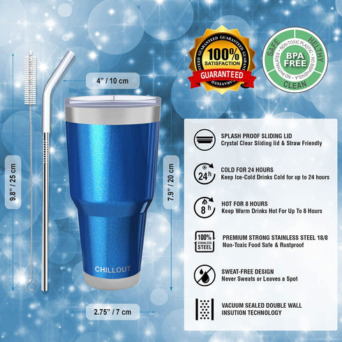 CHILLOUT LIFE 30 oz Stainless Steel Tumbler with Lid - Double Wall Vacuum Insulated Large Travel Coffee Mug with Splash Proof Lid and Straw for Hot & Cold Drinks - Blue Sparkle Tumbler