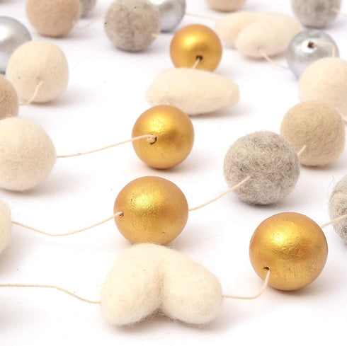 Glaciart One Valentine Felt Ball Garland - Handmade in Nepal Using New Zealand Wool - Reusable, Durable, Stylish & Versatile - Easy to Hang & Maintain Gold, Silver & Neutral Colors Set - 9ft