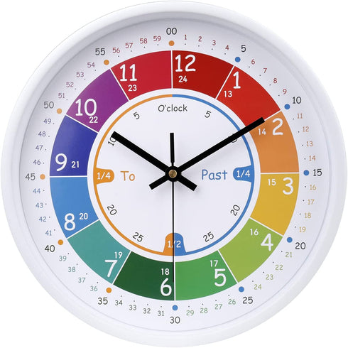 Telling Time Teaching Clock Silent Non Ticking Wall Clock-Learning Clock for School Classroom Playroom Bedroom (12 inch)