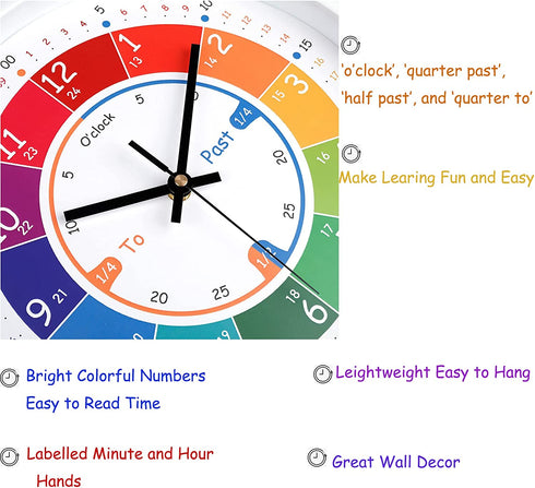 Telling Time Teaching Clock Silent Non Ticking Wall Clock-Learning Clock for School Classroom Playroom Bedroom (12 inch)