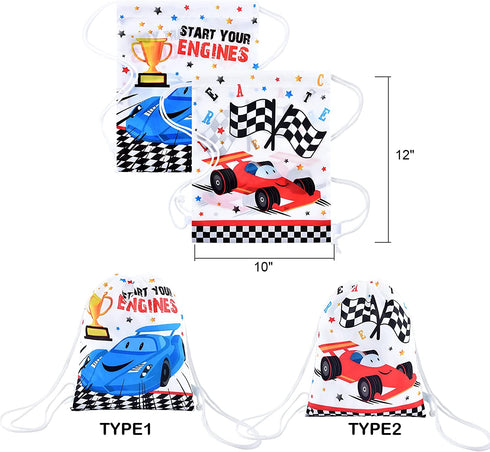 Race Car Party Gifts Bags - 12 Pack 10'' x 12'' Racing Car Drawstring Backpack for Boy Kids String Goodie Candy Bags Party Supplies for Birthday