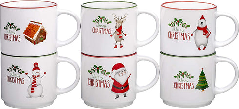 Christmas Coffee Mugs Set of 6 Large-sized 14 Ounce Christmas Theme Perfect For Christmas Gift Baskets Ceramic Coffee Mugs Restaurant Coffee Mugs By Bruntmor