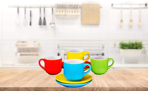 Espresso Cups with Saucers by Bruntmor - 4 ounce - Multi-Color, Chip Resistant, Stackable Set of 4, Perfect for Home and Office