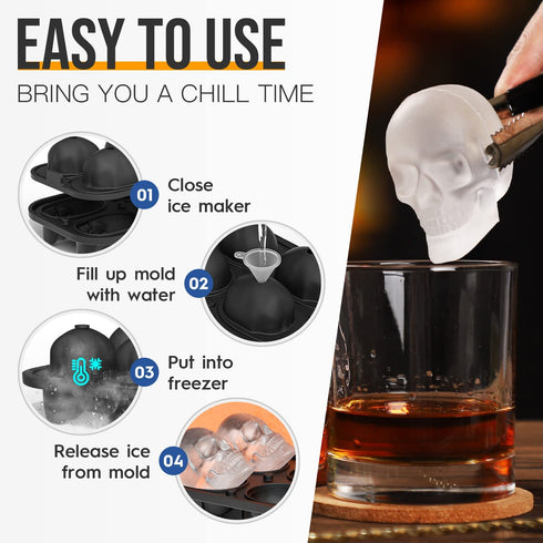 HAVOER Extra Large 3D Skull Ice Cube Mold - Flexible Silicone Skull Ice Maker Mold for Whiskey - 4 Cavity Skull Ice Cube Tray with Funnel - Skull Mold for Baking, Chocolate, Candy and Resin