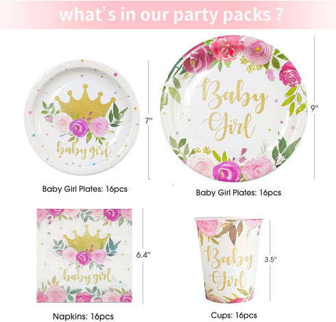 HIPEEWO Baby Shower Decorations for Girls Plates and Napkins Tableware - Plates, Cups, Napkins, Banner, Cultery, Tablecloth, Straws, Topper, for Floral Theme Baby Shower Party Supplies | Serve 16