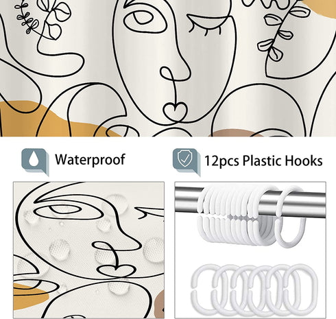 Riyidecor Abstract Human Face Terracotta Shower Curtain 60Wx72H Inch Eucalyptus Minimalist Plant Modern Mid Century Aesthetic Portrait 12 Pack Plastic Hooks Fabric Waterproof Home Bathtub Decor