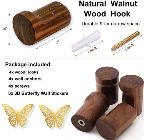 Wood Wall Hooks, 4 Pack Natural Walnut Wooden Wall Hooks, Heavy Duty Wood Hooks Wall Mounted, Decorative Sturdy Wood Coat Hooks Hat Hooks Wood Pegs for Hanging Backpack Towel Hats