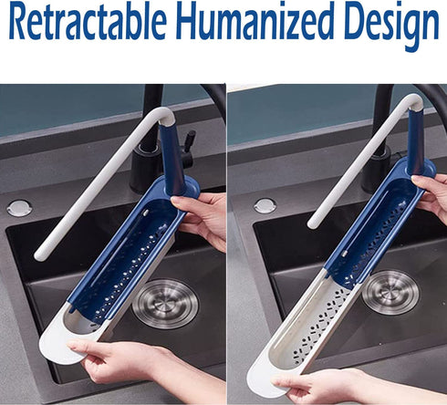 Updated Telescopic Sink Holder Storage Rack Adjustable Length Drainer Sink Storage Rack Holder Storage Sponge Soap Holder with Dishcloth Hanger Expandable Storage Drain Basket for Home Kitchen (Blue)