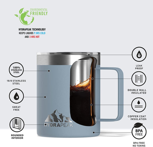 Hydrapeak 14oz Insulated Coffee Mug with Handle, Stainless Steel Double Walled Travel Coffee Cup | 3 Hours Hot / 9 Hours Cold, Spill-Proof Mug with Sliding Lid (Storm)