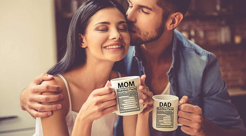 Mom & Dad Nutritional Facts 11oz White Ceramic Funny Couple Coffee Mugs Set For Husband and Wife Him And Her Gifts Mr & Mrs Gift Anniversary Mom and Dad Present Tea Cup - By AW Fashions