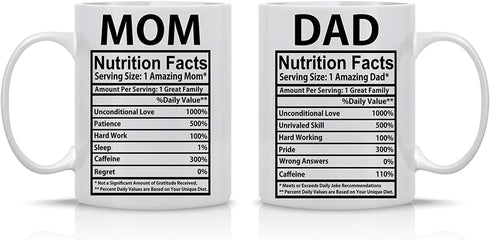 Mom & Dad Nutritional Facts 11oz White Ceramic Funny Couple Coffee Mugs Set For Husband and Wife Him And Her Gifts Mr & Mrs Gift Anniversary Mom and Dad Present Tea Cup - By AW Fashions