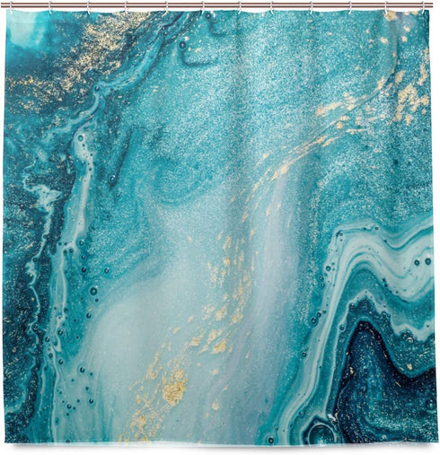 Marble Shower Curtain Natural Luxury Ocean Art The Ripples of Agate with Beautiful Blue Paint and Gold Powder for Bathroom Decor Polyester Fabric Waterproof Shower Curtains Set with 12 Hooks