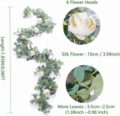Hasken 6 Ft Artificial Eucalyptus Garland with Champagne Peony Flower Hanging Greenery Garland Fake Flower Garland for Home Wedding Backdrop Table Decor