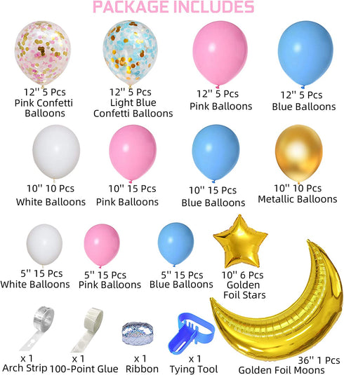 126Pcs Gender Reveal Party Supplies Pink and Blue Balloon Garland Arch Kit, Gold Foil Moon&Stars Confetti Pastel White Latex Balloons for Birthday Baby Shower Decorations Wedding Party Supplies