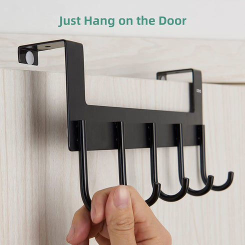 Over Door Hanger Heavy-Duty Hook, Hanging Clothes,Coat,Bag,Robe,Towel,Bathroom,Closet,Back of Door Hanger,Sturdy Anti-Rust Lightweight 5-Hooks Aluminum Black
