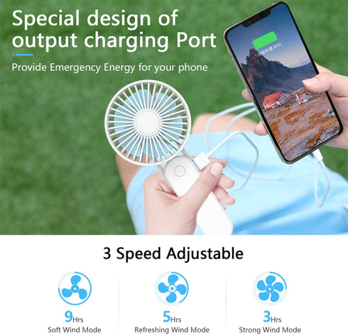 WOWGO Portable Handheld Fan - Mini Personal Fan 180° Rotating Adjustment, USB Rechargeable 2500mAh 3 Speed Hanging Personal Fan with USB output port for Home Office Indoor Use Outdoor Travel (white)